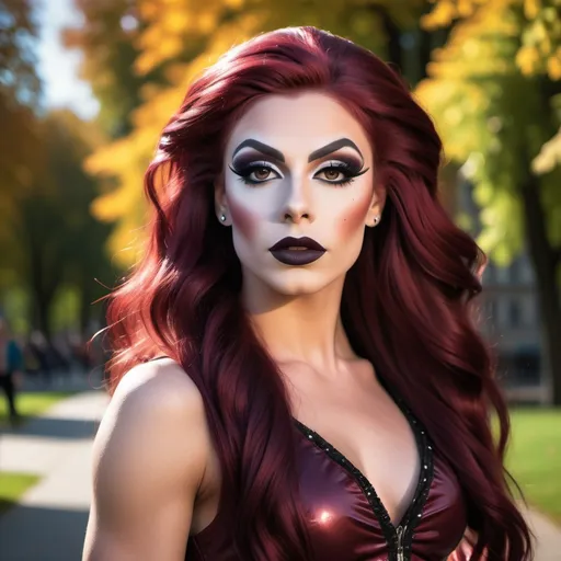 Prompt: (photorealistic), a confident, gorgeous, 
muscular 25-year-old Czechian drag queen (strong masculine facial features) with dark eyeshadow, dark lipstick, and long flowing dark red hair, walking purposefully, introducing practical studying techniques for English and German exams, vibrant outdoor setting with a beautiful park backdrop, bright sunlight illuminating her path, engaging facial expression reflecting enthusiasm, stylish casual outfit, carrying study materials, with scattered colorful notes around her, creating an inviting and motivational ambiance, high quality, ultra-detailed image.