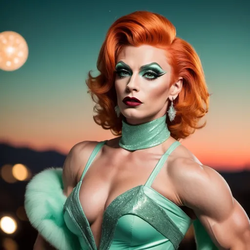 Prompt: James Cagnet dressed up as a Gorgeous ultra-muscular 25-year-old Czechian drag queen bodybuilder with short spiked swept Orange hair wearing a mint green flowy gown, dark eye shadow, heavy mascara, and dark red lipstick, staring at the stars in the sky and feeling content.