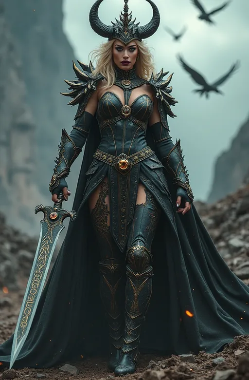 Prompt:  A legendary drag queen warrior with big busom, dark eyeshadow and burgundy lipstick stands at the edge of a shattered battlefield under a storm-ravaged sky, cloaked in the remnants of a fallen celestial beast. Her armor is forged from obsidian and starlight, etched with glowing runes that shift like constellations in motion. A crown of broken horns and ancient bones rests on his head, trophies from gods she once defied. Her left arm is a spectral gauntlet forged from cursed souls, constantly flickering with ghostly flame, while her right wields a massive blade shaped like a jagged crescent moon, humming with the rage of a thousand fallen kings. Her cape is torn, stained with forgotten wars, trailing threads that unravel into shadows. Around her neck hangs a relic—an inverted hourglass filled with crimson sand that counts down to the end of all things. Her eyes are not human—they burn like twin eclipses, filled with wisdom, sorrow, and fury. Behind her, spectral ravens circle above an army of stone giants rising from the earth, answering his call. The landscape is a fusion of ruined temples, blackened trees, and floating shards of a broken sky. She is not just a warrior. She is the last oathkeeper of a dying world, the stormbringer, the exile who defied fate itself.
