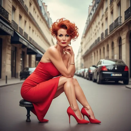Prompt: Glamour photography of gorgeous 45-year-old czechian woman with huge busom and short red updo hair wearing 8 inch stiletto high heel shoes, Glamour makeup in paris in the style of Guy Aroch