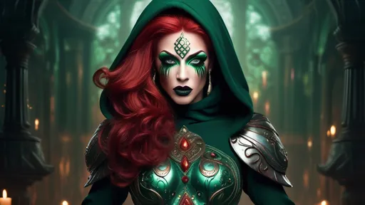 Prompt: a bright red haired, muscular, caucasian drag queen rogue, in a dark green hooded clothes with ornaments, dynamic full body pose, dark eye makeup,  dark lipstick, A surreal, dreamlike scene .This stunning image captures the essence of a powerful character, rendered in intricate detail and  the meticulous depiction of flowing hair, intricate armor, and determined expression. An old castle in backgraund