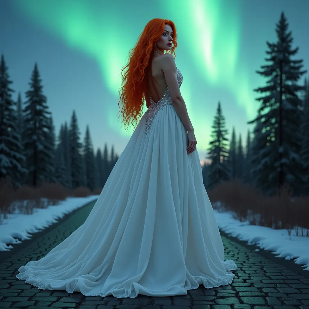 Prompt: Gorgeous ultra-muscular 25-year-old Finnish drag queen bodybuilder with huge busom and shoulder length styled dark orange hair, wearing a long backless white gown, and 8 inch stiletto high heel shoes, standing in wilderness with the northern lights in the background, full body shot, cobblestone street, 5 0 0 px models, amazement, photo render, eye-candy, a woman with blue eyes gazing longingly at the viewer, perfect skin, no blemishes, perfect white teeth, aquiline features, detailed makeup, flawless,