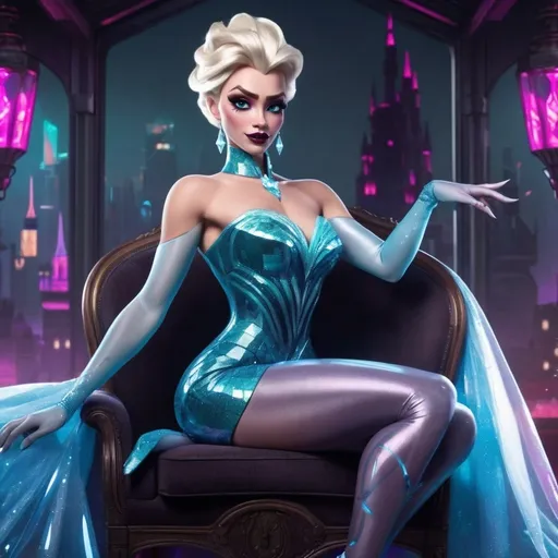 Prompt: Gorgeous muscular cyberpunk drag queen (Disney's) Elsa, great legs, crystal high heels,  dark lipstick.
