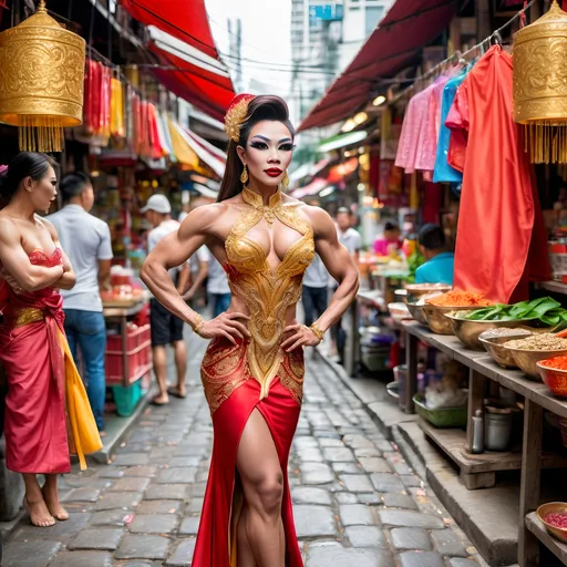 Prompt: A full-body view of a gorgeous Thai drag queen bodybuilder in a traditional red and gold dress, standing on a cobblestone street in a bustling Thai market, with vibrant stalls and colorful canopies in the background fully in focus.