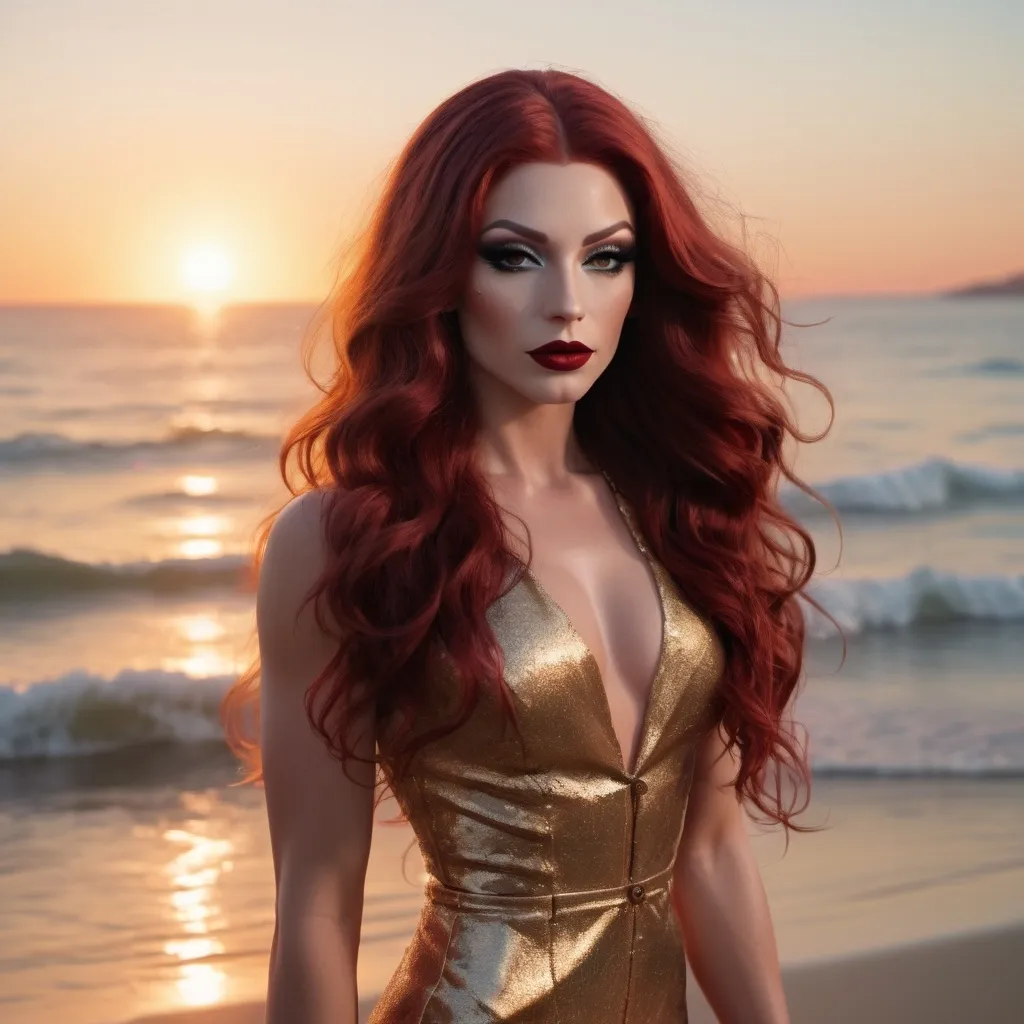 Prompt: (cinematic) beach scene, (gorgeous ultra-muscular 25-year-old Czechian drag queen with long wavy dark red hair, smakey eye shadow and dark red lipstick) strolling along the shore, (soft golden light) of sunset reflecting on gentle waves, (serene atmosphere) with a touch of romance, (fine details) of the three piece suit glistening in the light, (crisp details) and ultra-detailed background of a tranquil ocean vista, (4K quality).