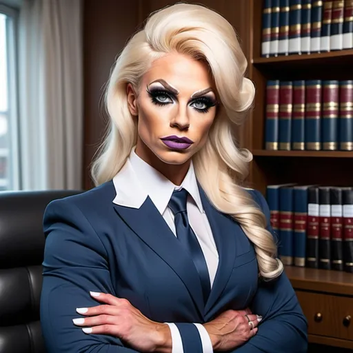 Prompt: Gorgeous ultra-muscular 25-year-old Swedish drag queen bodybuilder dressed as a professional lawyer