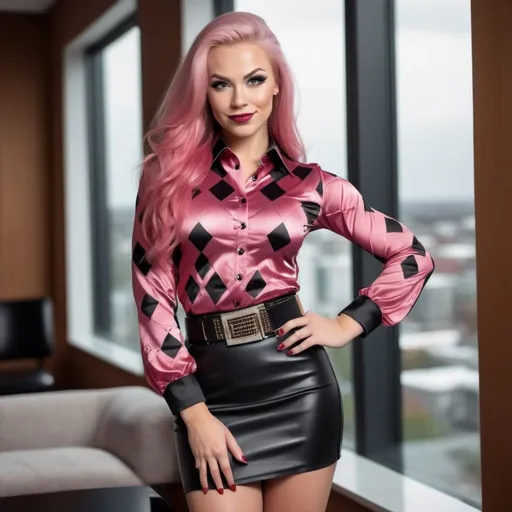 Prompt: Stunningly beautiful Finnish female bodybuilder, age 27, vibrant gray eyes, long pink hair, arched eyebrows, prominent cheekbones, dark eye shadow, dark red lipstick, gold & diamond jewelry, warm smile, flawless face, silver & black harlequin pattern blouse, black belt, black skirt, black high heel boots, standing in a lounge, floor to ceiling windows, active background, dynamic pose, luxury setting, pro lighting, sharp focus, high-res, pro photo