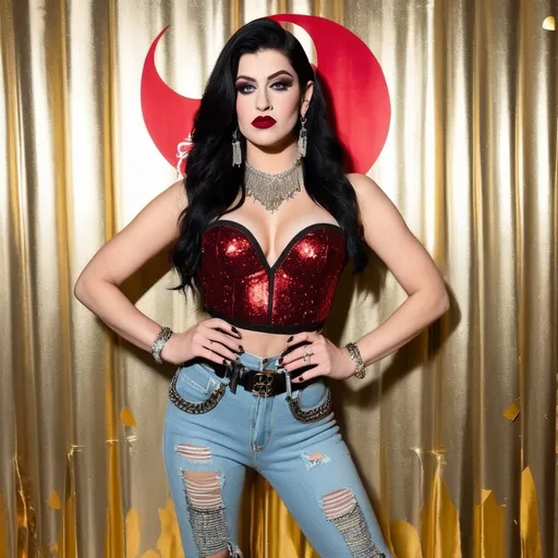 Prompt: Striking a confident pose in front of a vibrant backdrop adorned with red sparkles and bold lettering, a Gorgeous, very muscular 21-year-old olive-skinned French drag queen (with strong masculine facial features, dark lipstick, large busom, long, straight, shiny black hair) captivates attention in an eye-catching ensemble. She wears a soft gold crop top that highlights her figure and features a statement piece of jewelry—a chain with a decorative element that draws the eye to her midsection. Her high-waisted, distressed jeans add a casual edge to the look, emphasizing her long legs, which are adorned with stylish, intricately designed 8 inch stiletto high heel shoes. The atmosphere reflects a glamorous event, blending sophistication with daring style.