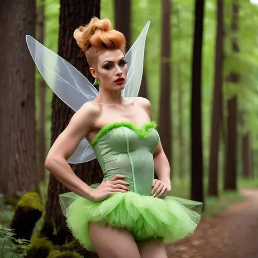 Prompt: Gorgeous 25-year-old (caucasian) muscular French drag queen ((very strong masculine jawline and brow)) with fit figure, and long strawberry-blonde updo hair (((blowing in the wind))), dressed as Tinkerbell, sheer nylon stockings, and 8 inch stiletto high heel shoes, posing in the forest, pixie dust in the air..