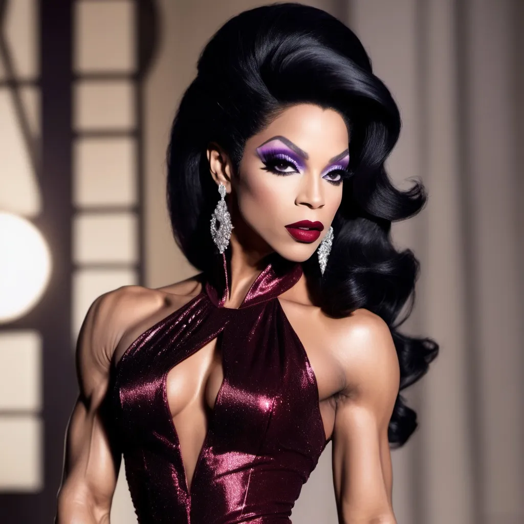 Prompt: If Prince was a gorgeous muscular drag queen (full length photo) with long muscular legs and a very muscular physique. Performing in a beautiful gown. Dark eye shadow, heavy mascara, and dark red lip stick.