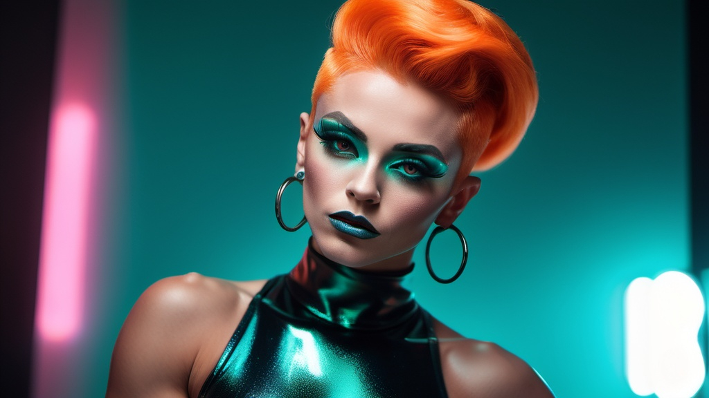 Prompt: Gorgeous 25-year-old Czechian drag queen bodybuilder, short swept over stylish orange hair, retrofuturistic film noir by Quentin Tarantino, teal glowing haze dreamy atmosphere.