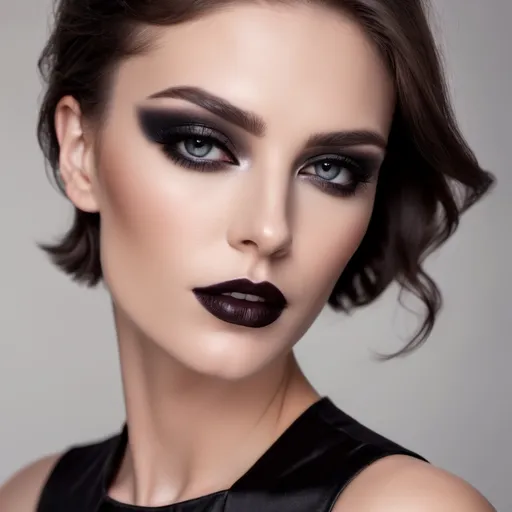 Prompt: Clean shaven masculine man's face ((made up with dark eyeshadow, heavy mascara, dark lipstick)) on a gorgeous feminine body, wearing a classy black dress and 8 inch stiletto high heel shoes. 