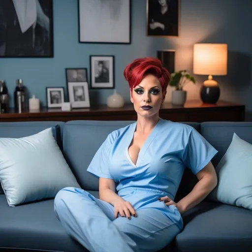 Prompt: (realism style photo), gorgeous muscular 35-year-old French drag queen surgeon with huge busom, dark eye makeup, and dark lipstick, (cool color scheme), messy pixie cut red hair, reclining on couch, wearing light blue scrubs , glaring at overhead intercom paging her back to work, personnel lounge ambiance, soft lighting, relaxed atmosphere, high detail, ultra-detailed, modern setting, refreshingly casual, (inviting and cozy) environment.