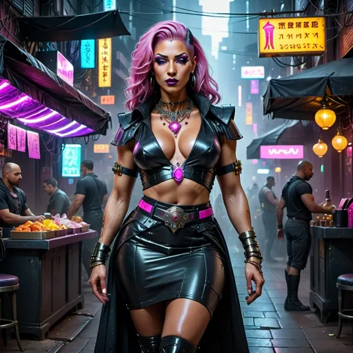 Prompt:  Hyperrealistic Fictional Character, Upscale 4K, Incredibly Finite Details, Highly Detailed Cyberpunk Character, gorgeous muscular 45-year-old Egyptian drag queen (masculine jawline and brow features) with dark eyeshadow,  dark lipstick,  heavy mascara, and long pink gray hair wearing an Ornate Pendant and Deep V-Neck Shirt and a flattering skirt with thigh high silk stockings and high heel boots, Background is a dark evening cyberpunk city street bustling with vendors, Vibrant Neon Colors