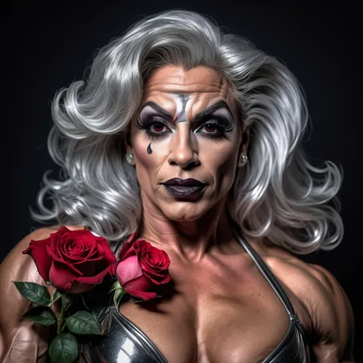 Prompt: RAW photo, (high detailed skin:1.2), 8k uhd, dslr, soft lighting, high quality, film grain, Fujifilm XT3, photorealistic image, gorgeous ultra-muscular 35-year-old French drag queen bodybuilder medium length swept over silver hair, in a heroic pose, dark eye makeup,  dark lipstick,  roses in a form of a tornado from top of the image to the head of the gorgeous lady. Dressed with leather sectioned futuristic dress outfit, with silver hair flowing.