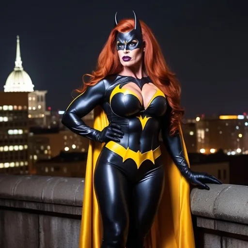 Prompt: Gorgeous muscular 35-year-old Hungarian drag queen bodybuilder with long flowing wavy red hair, huge busom, dressed as Batgirl (((DC Comics Character))), 8 inch stiletto thigh-high high heel boots, standing on a gargoyle looking down on Gotham City as night. Cape blowing in the wind. 