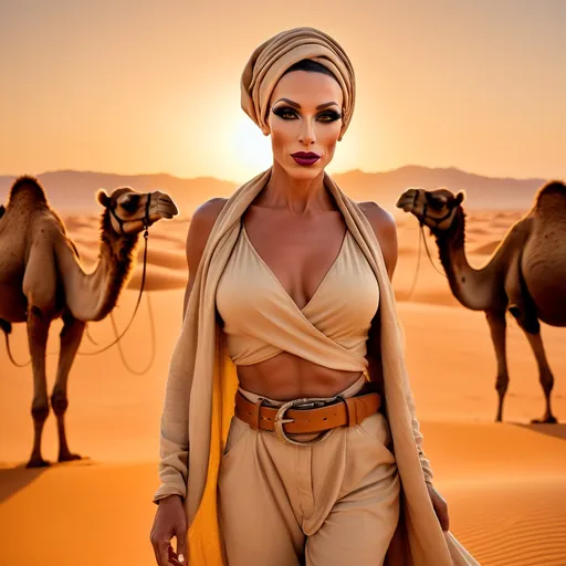 Prompt: A stunningly gorgeous muscular 35-year-old French drag queen with big busom and sun-kissed skin, dressed in a loose beige linen outfit with a leather belt and headscarf. She leads a caravan of camels across the vast desert, her expression confident and bold as the setting sun casts her in a golden glow.