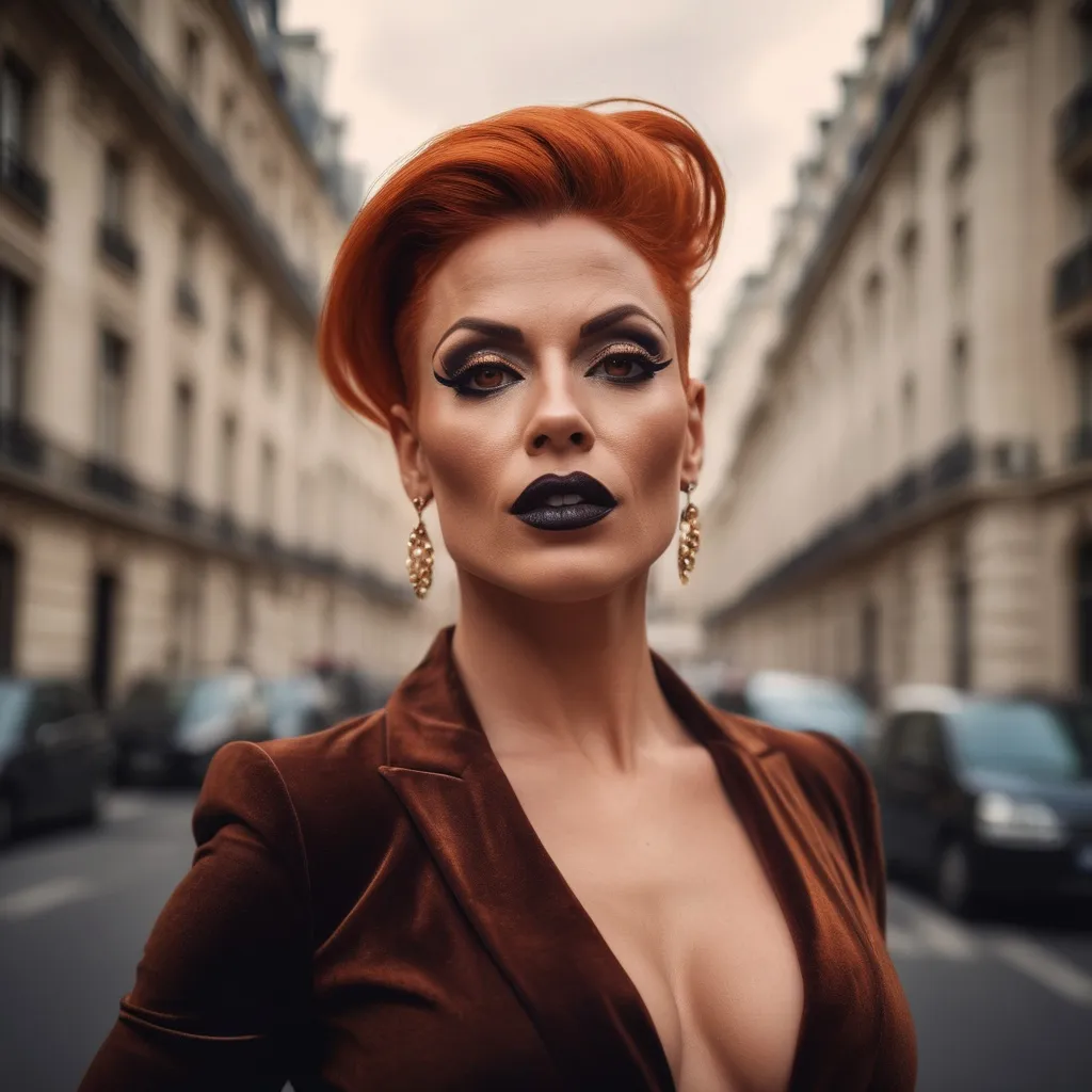 Prompt: Color Glamour photography of a Gorgeous muscular 35-year-old Estonian drag queen bodybuilder (burnt orange hair, dark eye makeup, dark lipstick and big busom) in Paris, Guy Aroch style, high fashion model, elegant and sophisticated, vintage chic, moody lighting, cinematic atmosphere, luxurious Parisian setting, detailed facial features, stylish outfit, professional photography, high resolution, misc-gothic, cinematic, sophisticated, vintage, glamorous, detailed face, Parisian setting, high fashion, moody lighting