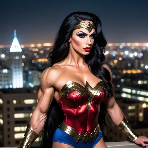 Prompt: Gorgeous ultra-muscular 25-year-old Israeli drag queen bodybuilder with extremely large busom and long flowing black hair, dressed as Wonder Woman (DC Comics Character), standing on the ledge of a building at night.