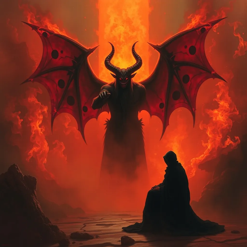 Prompt: What is this that stands before me?
Figure in black which points at me
Turn 'round quick and start to run
Find out I'm the chosen one
Oh no

Big black shape with eyes of fire
Telling people their desire
Satan's sitting there, he's smiling
Watches those flames get higher and higher
Oh no, no, please god help me