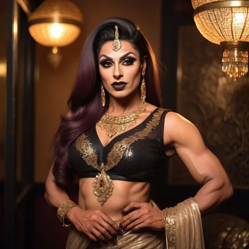 Prompt: Gorgeous muscular 35-year-old Pakistani drag queen bodybuilder (with drag queen facial features, dark lipstick, large busom, dark blonde hair) in mesh saree, gold detailed blouse, high quality, Indian art style, warm tones, intricate jewelry, traditional setting, atmospheric lighting