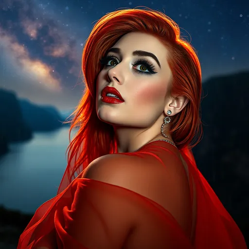 Prompt: epic masterpiece, at (night:1.8) with (hyper detailed:1.5), gorgeous, 25-year-old, Polish drag queen supermodel, looking at camera, dark orange hair, dark eyeshadow and dark red lipstick, Insanely detailed, backlit, bokeh, face turned upwards to the sky, blushing lightly with mouth open, she has an orange diaphanous flowing transparent long shawl draped about her shoulders and upper arms, midnight, a calm lake in ((pouring rain:1.4)), surrounded by high cliffs covered in shadows, breathtaking starry night sky, galaxies, nebula, tiny fireflies floating in the air, 8k photo, HDR, masterpiece, fine details, natural beauty, breathtaking, captivating, fine details, sharp, very detailed, high resolution, close up, taken with a Hasselblad H6D-100c, Hasselblad Zeiss Sonnar F 150mm f/2.8 lens, Godox SK400II Professional Compact 400Ws Studio Flash, sharp focus, fine details, 5 flash set up, Ring light for catchlight eyes, Award winning photography, pro lighting, realistic, realism