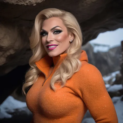 Prompt: professional portrait photograph of a gorgeous muscular 35-year-old British drag queen (strong masculine jawline and brow features) in orange winter clothing, long natural blonde hair, most attractive face, (freckles), nice smile, cute stylish makeup, wearing elegant warm winter fashion clothing, ((standing out side a frozen cave), hyper- realistic, detailed features, realistic lighting, high quality, realistic view,, elegant, realistic setting, professional, detailed, glamorous, actress, iconic, stunning modern urban environment, ultra realistic, concept art, elegant, highly detailed, intricate, sharp focus, depth of field, f/1. 8, 85mm, medium shot, mid shot, (((professionally color graded))), bright soft diffused light, (volumetric fog), trending on instagram, hdr 4k, 8k