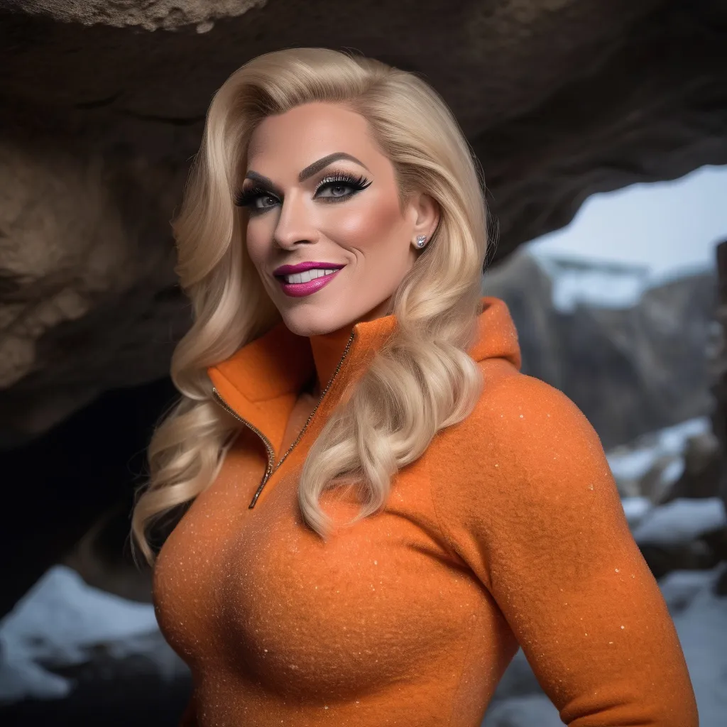 Prompt: professional portrait photograph of a gorgeous muscular 35-year-old British drag queen (strong masculine jawline and brow features) in orange winter clothing, long natural blonde hair, most attractive face, (freckles), nice smile, cute stylish makeup, wearing elegant warm winter fashion clothing, ((standing out side a frozen cave), hyper- realistic, detailed features, realistic lighting, high quality, realistic view,, elegant, realistic setting, professional, detailed, glamorous, actress, iconic, stunning modern urban environment, ultra realistic, concept art, elegant, highly detailed, intricate, sharp focus, depth of field, f/1. 8, 85mm, medium shot, mid shot, (((professionally color graded))), bright soft diffused light, (volumetric fog), trending on instagram, hdr 4k, 8k