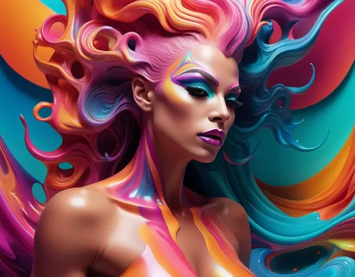 Prompt: (mesmerizing dreamscape), gorgeous muscular drag queen, vibrant, (streaming vibrant colors), surreal morphing shapes, fluid movements, seamless transitions, state of the art visuals, imaginative landscapes, enchanting atmosphere, captivating transformations, high depth, high resolution, ultra-detailed, abstract design, mesmerizing fluidity, otherworldly beauty.
