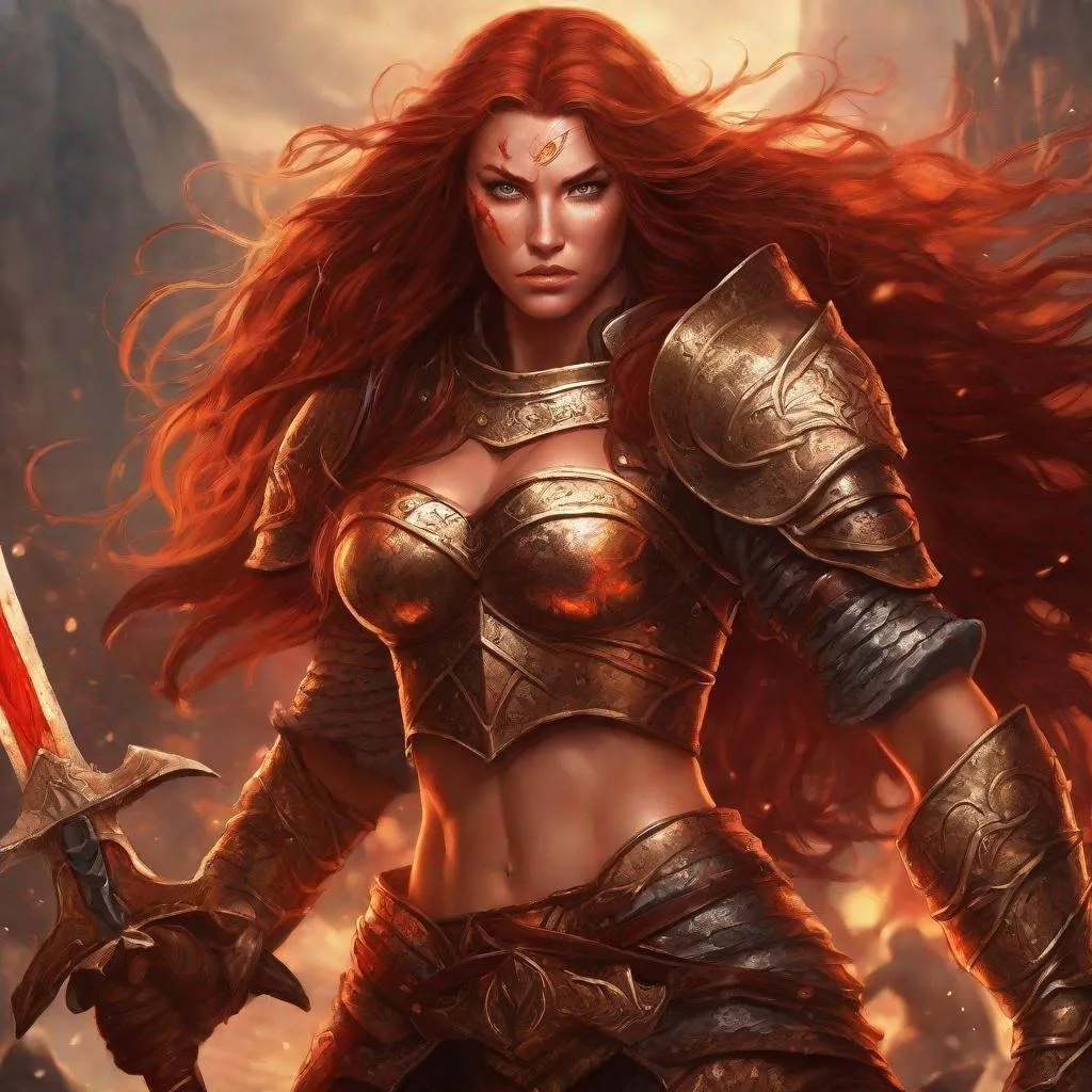 Prompt: Gorgeous ultra-muscular 25-year-old Finnish goddess warrior with huge busom and extremely long wavy dark red hair wearing bronze armour and wielding a shimmering golden sword, in a bloody and fiery battle against a vicious demon hoard.  