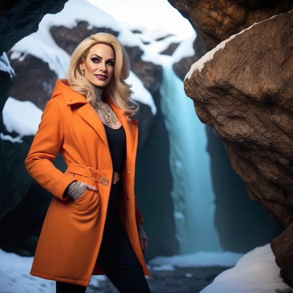 Prompt: professional portrait photograph of a gorgeous muscular 35-year-old British drag queen (strong masculine jawline and brow features) in orange winter clothing, long natural blonde hair, most attractive face, (freckles), nice smile, cute stylish makeup, wearing elegant warm winter fashion clothing, ((standing out side a frozen cave), hyper- realistic, detailed features, realistic lighting, high quality, realistic view,, elegant, realistic setting, professional, detailed, glamorous, actress, iconic, stunning modern urban environment, ultra realistic, concept art, elegant, highly detailed, intricate, sharp focus, depth of field, f/1. 8, 85mm, medium shot, mid shot, (((professionally color graded))), bright soft diffused light, (volumetric fog), trending on instagram, hdr 4k, 8k