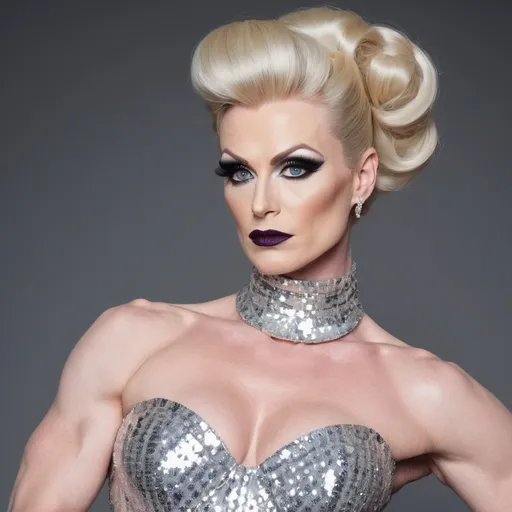 Prompt: Tall, athletic physique, effeminate, 35-year-old pretty Finnish drag queen bodybuilder, with smooth clean shaven masculine face (strong masculine facial features), with dark eyeshadow, dark lipstick, heavy mascara. Long silver classically stylish updo hair, large busom implants. Wearing a gorgeous high a-line neck corsetted gold sequined gown, and long muscular legs wearing 8 inch stiletto high heel shoes. ((Posing in front of a nightclub at night with a sly grin on his face.))