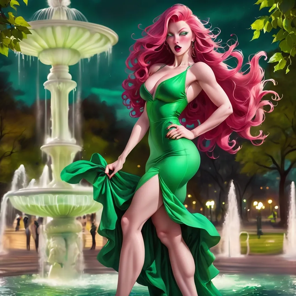 Prompt: Gorgeous, tall, 25-year-old, sophisticated, Finnish goddess bodybuilder with ridiculously long wavy pink hair (((blowing in the wind))), dark eye shadow and dark red lipstick,  wearing a extravagant yellow and green Prada dress and 8 inch high heel shoes, posing by the fountain in the park at night.