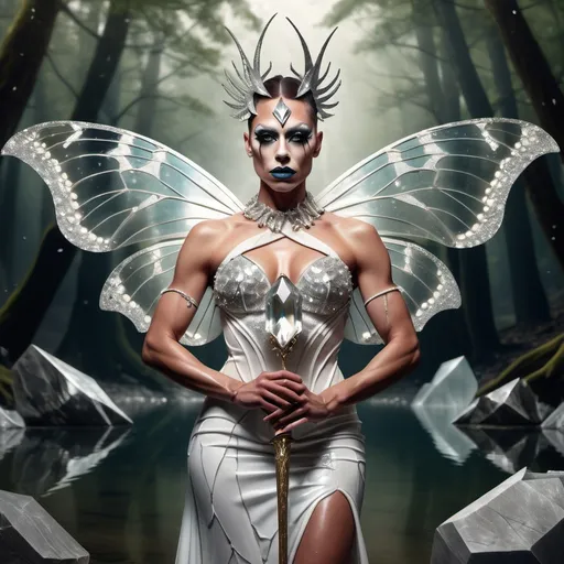 Prompt: Abstract image of a beautiful muscular 35-year-old faerie drag queen with marble skin cracking and breaking away holding an elegant gem-studded sword horizontally in one hand as she stand submerged in a forest mountain lake. Large symmetrical moth wings folded around herself.  Arms crossed in front of a gown of quartz crystals. In an armory.