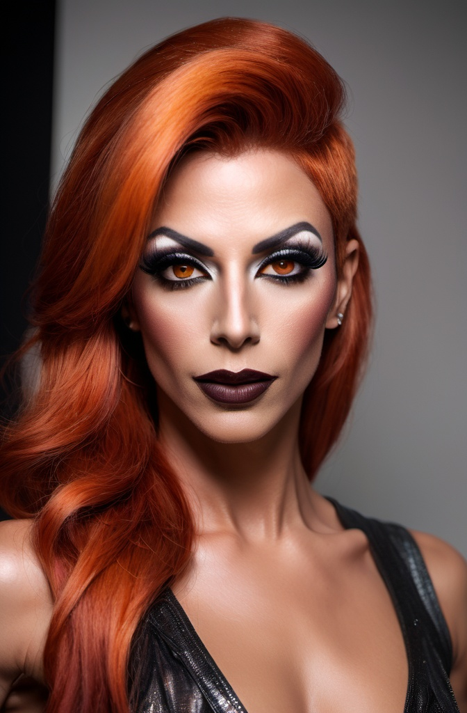 Prompt: Location: Random
Hair color: dark orange
Hair length: Random
A high definition hyper-detail live action digital photograph of a gorgeous masculine 35-year-old, athletic, Arabian drag queen. Masculine jawline, chin and brow. Feminine muscular body and legs. Dark eye makeup and dark lipstick. Wearing a gorgeous ensemble of men's and women's clothing with 8 inch stiletto high heel shoes.