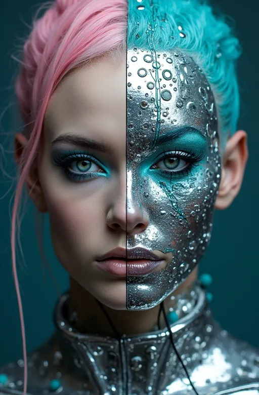 Prompt: a gorgeous masculine 25-year-old drag queen's face is futuristically transformed into a chrome-plated structure covered in wires. The left blue eye is shown in photo-realistic detail. the right eye futuristic. It is surrounded by turquoise and pink detailed small shapes against an abstract background that depicts dark tones as dripping paint p