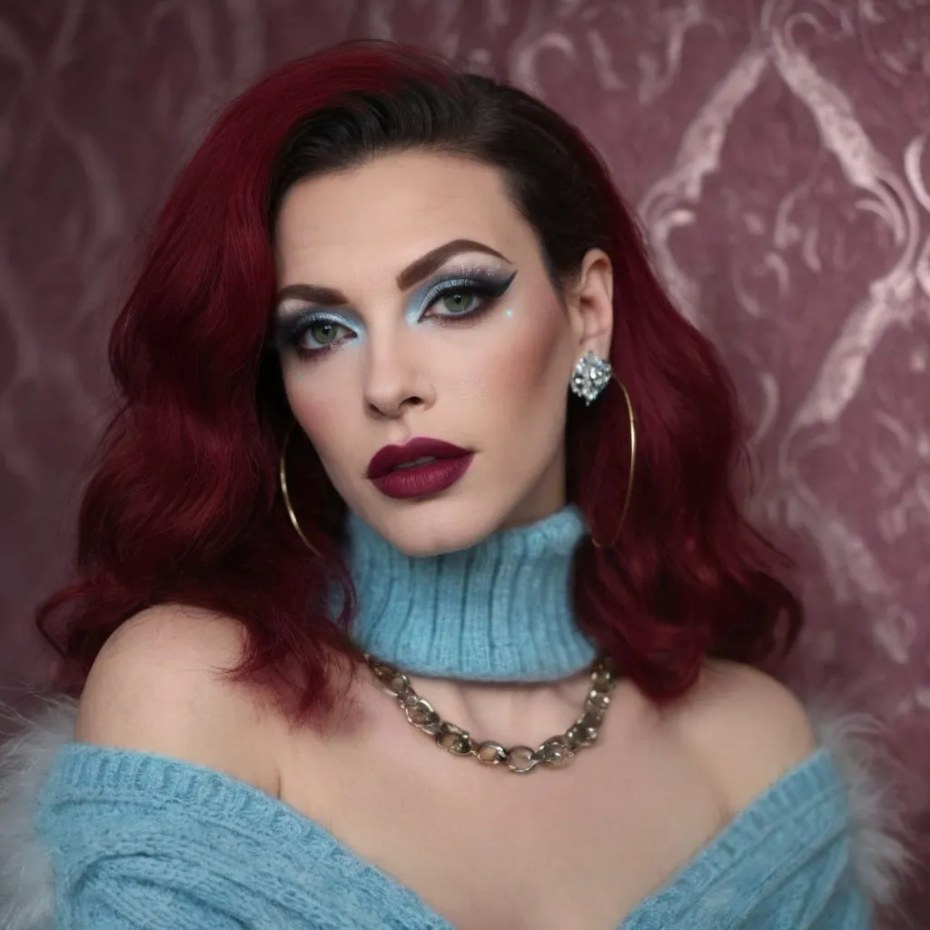 Prompt: Gorgeous muscular 35-year-old French drag queen with large busom and dark blonde hair, in a modern home, against a wall with wallpaper and furniture background, wearing long cable knitted angora mohair sweater , (extremely fluffy:1.8) angora mohair sweater, from side, looking at viewer, smile, (full lips:1.8), dark red lipstick, dark eyeliner, dark makeup, 8k, very detailed, green eyes, very detailed eyes,
source_real, raw, photo, amateur, french drag queen, Close-Set Eyes, [eyecolors violet], full lips, high cheekbones, weak receding chin, burgundy, lob, light blue, lip gloss, __15JeweleryMaterials__ __14Piercing__, large busom,  gorgerous, outdoor, portrait, , highly detailed, detailed skin, depth of field, film grain
(photorealistic) (bokeh) (intricate details) (cinematic lighting) (sharp focus)
