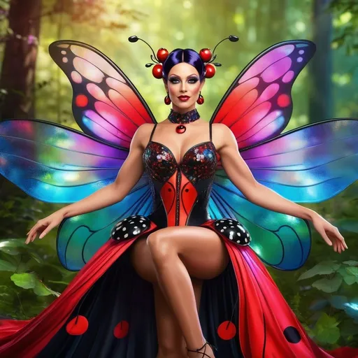 Prompt: Gorgeous muscular 35-year-old DRAG QUEEN Ladybug fairy, digital illustration, serene woodland setting, intricate wings with holographic details, ethereal and magical vibe, vibrant and saturated colors, elegant and graceful pose, fine art quality, high resolution, fantasy, whimsical, holographic wings, magical, ethereal, vibrant colors, woodland, serene, elegant pose, fine art quality, detailed artwork