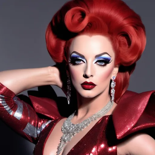 Prompt: If young boy George was a gorgeous muscular drag queen (full length photo) with long muscular legs and a very muscular physique. Performing in a beautiful gown. Dark eye shadow, heavy mascara, and dark red lip stick.