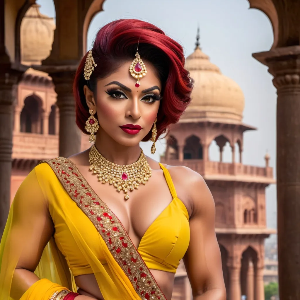 Prompt: Gorgeous ultra-muscular 25-year-old Pakistani drag queen bodybuilder with short dark red updo hairstyle wearing a Yellow saree with hot bose and 8 inch stiletto high heel shoes. Posing at The Walled City of Lahore.