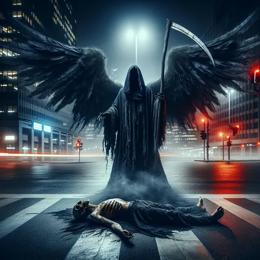 Prompt: photograph of the Angel of Death, he has a very worn black hooded cloak, large black wings on his back, and has his scythe in his left hand. He is standing over the body of his latest victim lying in the intersection of an urban city. It is midnight and the street lights cast a red glow on the scene. there is a mist that hovers just above ground.