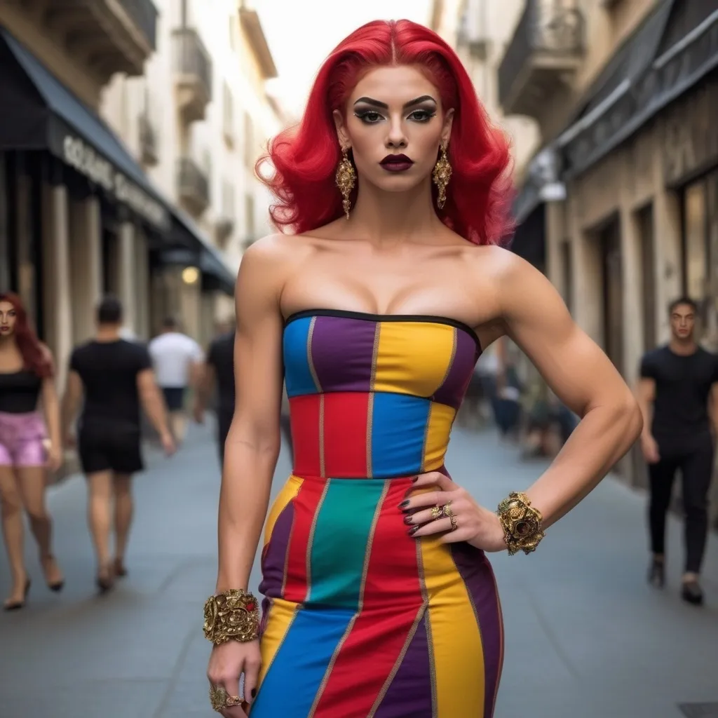 Prompt: Location: Random
Clothing: Random colorful Dolce & Gabbana outfits
Hair color: Random 
Hair length: Random

Gorgeous muscular 18-year-old French drag queen bodybuilder (strong masculine jawline and brow facial features), big busom, dark eye makeup, dark lipstick, 8 inch stiletto high heel shoes. 