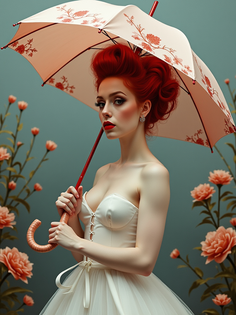 Prompt: A gorgeous ultra-muscular 25-year-old Polish drag queen bodybuilder with dark red updo hair in a white dress holding an umbrella and a flowered umbrella over her head, standing in front of a flowered area, Bian Jingzhao, gothic art, beautiful detailed, a painting