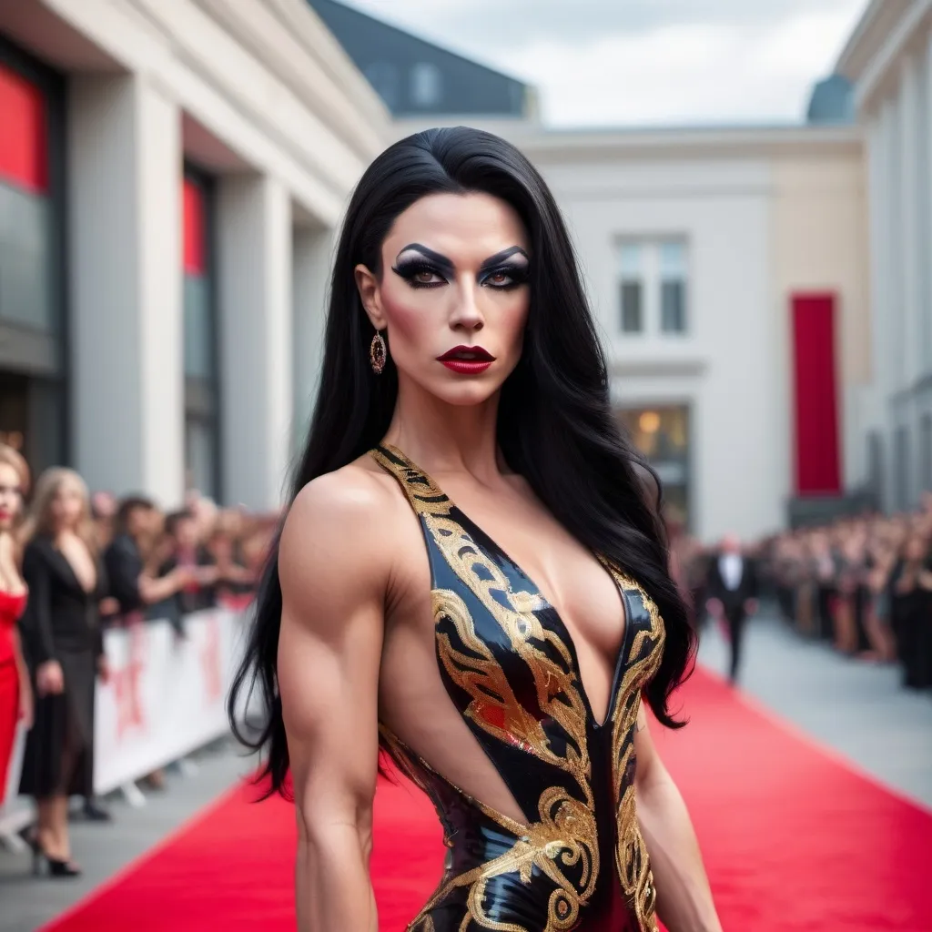 Prompt: High-resolution, cinematic-style photograph featuring a gorgeous,  alluring,  muscular 25-year-old Swedish drag queen with long straight shiny black hair, and wearing a gaudy Versace designed Gown and 8 inch stiletto high heel shoes,  walking the red carpet.