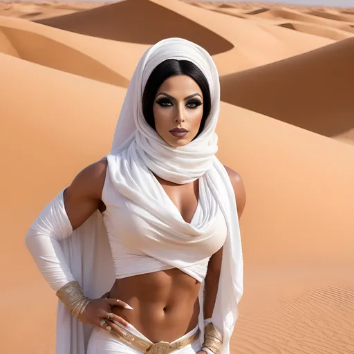 Prompt: Gorgeous muscular 35-year-old Arabic drag queen, sand background, desert background, dune background, captivating, black hair, wearing an armorer white desert outfit fully covering her body, and a white scarf wrapped around her head