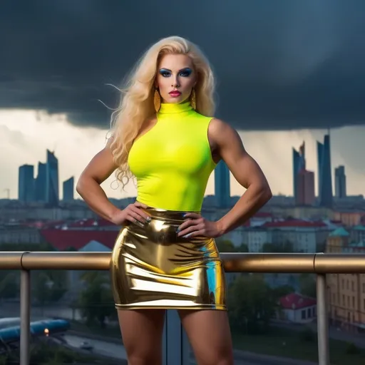 Prompt: Gorgeous muscular 25-year-old Czechian drag queen bodybuilder with huge busom in colorful neon yellow and gold mini skirt, highly detailed face with sharply detailed blue eyes, UHD, volumetric lighting, standing on a bluff, distant storm approaching Moscow, futuristic fashion, detailed hair, elegant pose, cityscape, urban, intense gaze, highres, ultra-detailed, glamorous, fashion, atmospheric lighting, modern