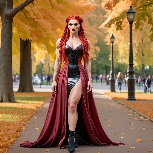 Prompt: full body, gorgeous muscular 25-year-old Czechian drag queen bodybuilder with long loosely braided bright red hair, strong masculine jawline and brow,  dark eyeshadow and dark lipstick, tempting, hourglass figure, wearing a light airy sundress, walking through the park during autumn sunset.