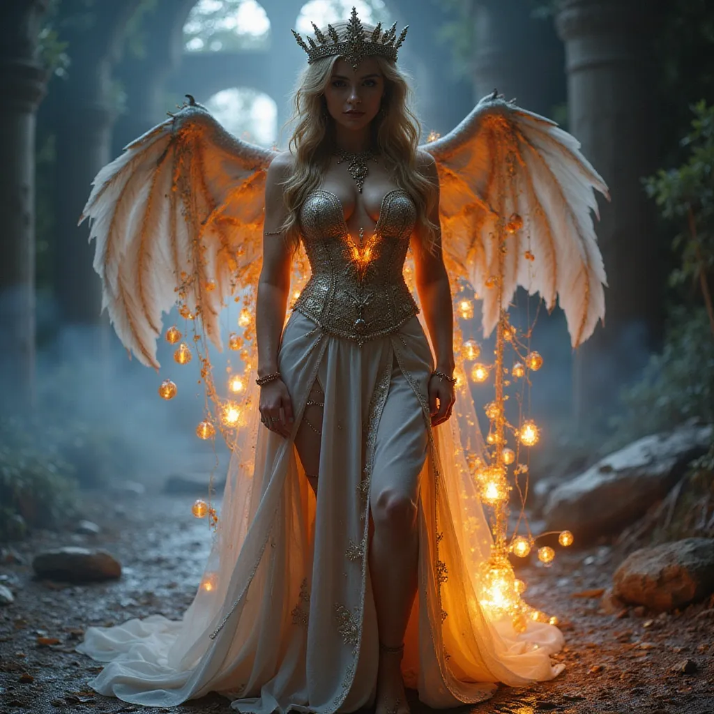 Prompt: HD 4k 3D 8k professional full-length modeling photo hyper realistic gorgeous ultra-muscular 28-year-old Fire and Ice Gypsy Princess of Carpia, ethereal greek goddess, full body surrounded by ambient glow, enchanted, magical, highly detailed, intricate, highly realistic woman, high fantasy background, Romanian dragon woman, elegant, mythical, surreal lighting, majestic, goddesslike aura, Annie Leibovitz style 


