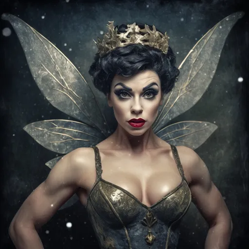 Prompt: Grunge medieval Tinkerbell drag queen bodybuilder (strong drag queen facial features), impasto, old picture effect, whimsical, highres, detailed, medieval, impasto, old picture effect, grunge, Snow White, fairy tale, dark tones, atmospheric lighting