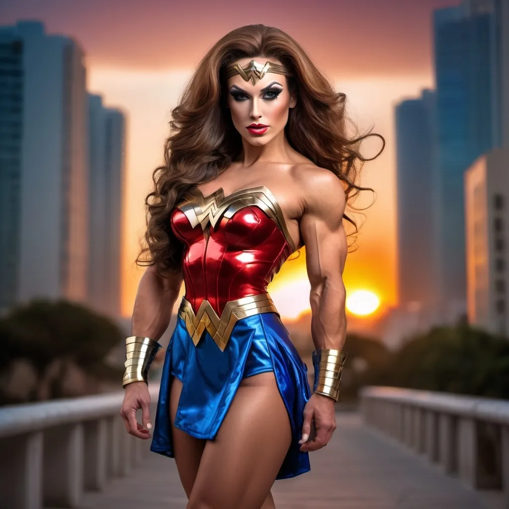 Prompt: (Gorgeous ultra-muscular Israeli drag queen bodybuilder wearing wonder woman dress and 8 inch stiletto high heel boots) age 25 years old, professional photo, vivid colors, studio lighting, hyper detailed, HDR, bokeh, long silk hair, full body, perfect anatomy, beautiful face ,Sunset background, highly realistic, ultra-detailed, 8K, high quality.